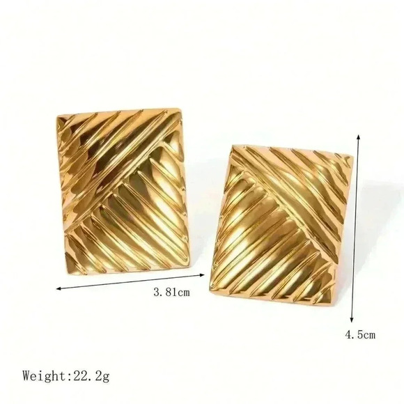 Yellow Gold Women's 18K Gold Plated Stainless Steel Striped Earring - Picture 10 of 10